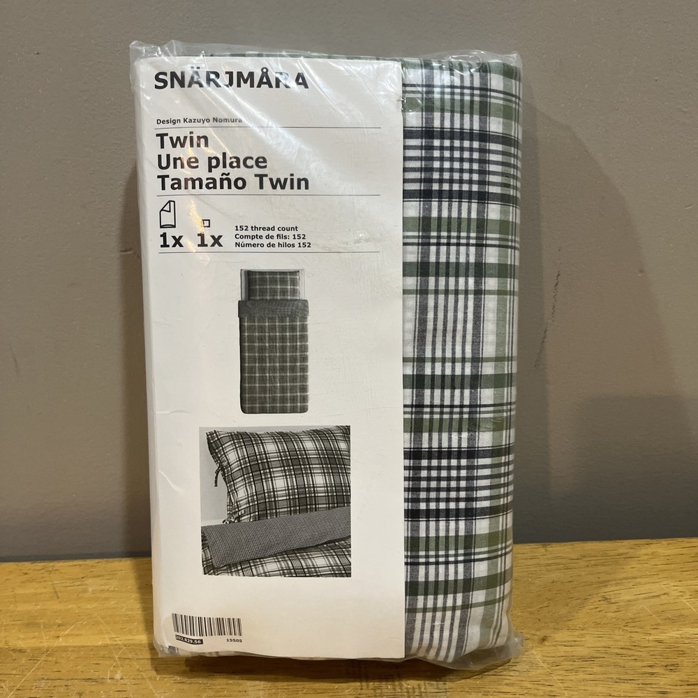 IKEA SNARJMARA Duvet Cover Pillowcase Green Black White‎ Checked Reversible Ties